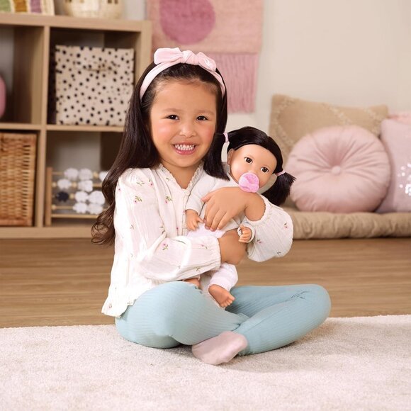 14 Inch Realistic Baby Doll with Dark Brown Hair Brown Eye Soft Body Pink Outfit - Picture 2 of 9